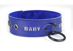 Single strap collar 1.75" wide. Royal blue leather, royal blue fur inner lining, black loop & dee, lettering, onyx diamond gems.