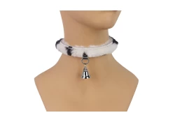 Single strap collar 0.75" wide. Cow fur outer layer, cow fur inner lining, small d ring with clamp (with small bell attached).