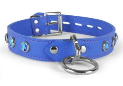 Single strap collar 1" wide. Ocean blue leather, ocean blue leather inner lining, silver loop & dee, aquamarine gems, silver locking buckle.