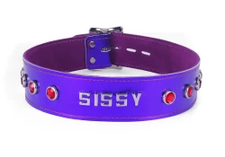 Single strap collar 1.5" wide. Purple metallic leather, violet suede inner lining, lettering in center, ruby gems, locking buckle.