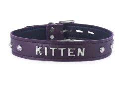 Single strap collar 1" wide. Chocolate Raspberry leather, black lambskin inner lining, lettering, opal mini gems, silver locking buckle.