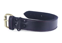 Single strap collar 1.5" wide. Black lambskin outer layer, black fur inner lining, black d ring by buckle, brass buckle.