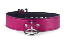 Single strap collar 1.5" wide. Fuchsia lambskin outer layer, black lambskin inner lining, silver loop & dee.