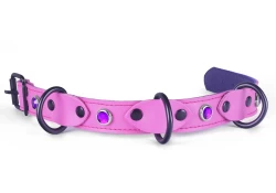 Single strap collar 1" wide. Rose leather, purple lambskin inner lining, 3 black d rings, amethyst gems, black buckle.