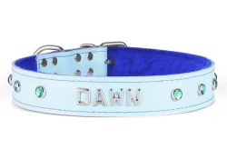 Single strap collar 1" wide. Baby blue leather, royal blue fur inner lining, lettering in center, lime green mini gems, reinforced silver d ring by buckle.