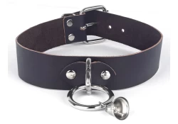 Single strap collar 1.25" wide. Dark chocolate leather, no inner lining, no stitching, silver loop & dee in center (with small bell attached).