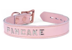 Single strap collar 1" wide. Pastel lambskin outer layer, pastel lambskin inner lining, lettering in center, rose-gold d ring by buckle, rose-gold locking buckle.