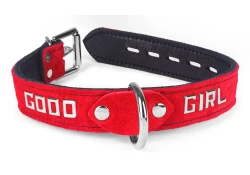 Single strap collar 1" wide. red suede outer layer, black lambskin inner lining, silver d ring in center, lettering*, silver locking buckle. *Typically is not offered on the collars with an outer layer but could be done at an additional charge.