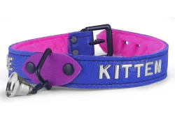 Single strap collar 1" wide. Ocean blue leather, pink fur inner lining, Black triangle (with small bell attached), lettering, black locking buckle.