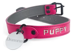 Single strap collar 1" wide. Fuchsia leather, grey lambskin inner lining, black d ring (with jumbo silver round custom tag), lettring, black buckle.