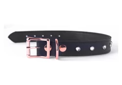 Single strap collar 1" wide. Black leather,, crystal mini gems, rose-gold buckle, rose-gold d ring by buckle.