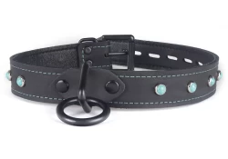 Single strap collar 1" wide. Black leather, black lambskin inner lining, black loop & dee in center, turquoise mini gems (with silver rims), black locking buckle.