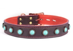 Single strap collar 1" wide. Chocolate raspberry leather, orange lambskin inner lining, turquoise gems (discontinued), rose-gold locking buckle, rose-gold d ring by buckle.