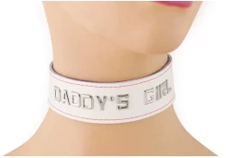 Single strap collar 1.25" wide. White leather, lettering in center.