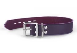Single strap collar 1.25" wide. Chocolate Raspberry leather, crimson lambskin inner lining, locking buckle, d ring by buckle.