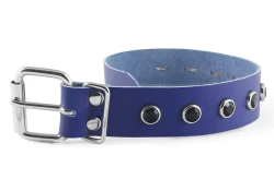 1.5" wide single strap collar. Royal blue leather, no inner lining, onyx gems.