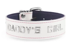 1.25" wide single strap collar. White leather, black lambskin inner lining, lettering.