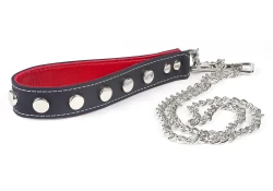 Single strap leash, 1" wide. Black leather, red lambskin inner lining, raised dots, silver hardware