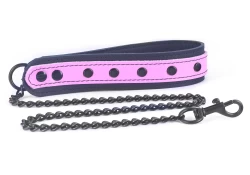 double strap leash 1.25" wide, made in 3/4 top style. Rose leather top, black leather bottom, black leather inner lining, black raised dots, black hardware