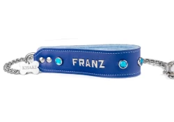 Single strap leash 1.75" wide. Royal blue leather, baby blue fur inner lining, lettering and aquamarine gems, small custom bone, silver hardware