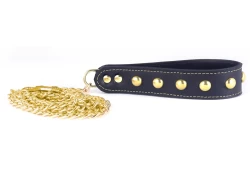 Single strap leash 1.25" wide. Black leather, black suede inner lining, brass round heads, brass hardware
