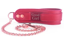 Double strap leash 2" wide. Red lambskin top and bottom, custom red leash tag, rose-gold hardware