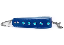 Single strap leash 1.75" wide. Royal blue leather, baby blue fur inner lining, aquamarine gems, small custom bone, silver chain.