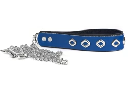 Double strap leash, 1.25" wide. Royal blue leather top, black leather bottom, no lining, hollow diamonds, silver chain.