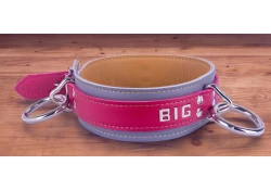 Double strap collar 1.75" wide. Red leather top (with red leather inner lining), grey leather bottom with caramel leather inner lining. Silver loop & dee in center and by buckle.