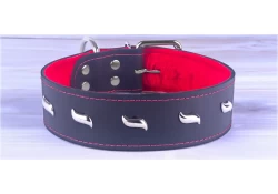 1.75" collar. Black leather, red fur inner lining, waves, D ring by buckle