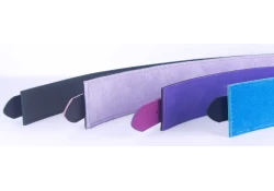 Examples of different inner lining materials shown on the double strap collars. From left to right: forest green lambskin, rose cuddle fleece, violet suede, blue velvet.