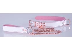 Set of 1" wide leash and collar. White leather, rose lambskin inner lining, rose-gold hardware. On the collar: reinforced d ring by buckle, regular d ring in the center.