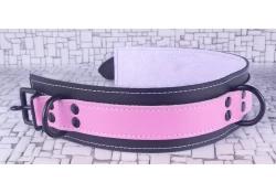 Double strap collar 2" wide. Rose leather top, black leather bottom, rose cuddle fleece inner lining, black d ring in center and by buckle, black locking buckle.