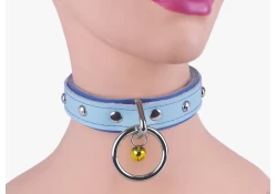 Double strap collar 1" wide. baby blue leather top, royal blue leather bottom, silver loop & dee (with small gold jingle bell attached), opal mini gems.