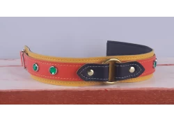 1.5" WIDE COLLAR WITH WINGS. TOP STRAP IS 1" WIDE. TOP STRAP: ORANGE LEATHER WITH BLACK LEATHER WINGS, BOTTOM STRAP: GOLD LEATHER WITH BLACK LEATHER INNER LINING, GOLD O-RING IN CENTER