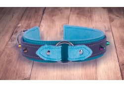 1.5" wide collar with wings. Top strap is 1" wide. Midnight Purple leather top strap with teal cuddle fleece wings, baby blue leather bottom strap with teal cuddle fleece inner lining, 1.25" o-ring, rainbow spikes.