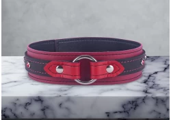 1.5" wide collar with wings. Top strap is 0.75" wide. Black leather top strap with red leather wings, red leather bottom strap with black lambskin inner lining. 1" O-ring collar in center, ruby mini gems