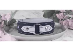 1.5" wide collar with wings. Top strap is 0.75" wide. Black leather top strap with white leather wings. Black leather bottom strap with white lambskin inner lining. 1" wide o-ring in center, opal mini gems