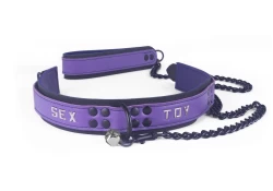 1.5" wide collar. Purple iris leather top, black leather bottom, purple lambskin inner lining. Black d ring with medium jingle bell. Matching leash is attached.