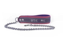 Double strap leash, 1.5" wide. Midnight purple leather top, red leather bottom, purple fur inner lining, lettering, 0.5" thick silver chain.