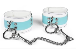 Double strap cuffs, 2" wide. Baby blue leather top, white leather bottom, white fur inner lining, loop & dee attachments with silver chain link.