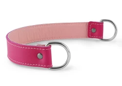 1" wide d ring collar. Fuchsia leather, pastel lambskin inner lining, silver d rings.
