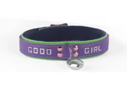 1.25" wide collar. Top strap is 1" wide. Purple iris leather top, lime green leather bottom, black rabbit fur inner lining, rainbow d ring (with large puffed heart), lettering).