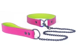 A matching leash with the d ring collar. Fuchsia leather, raver lime lambskin inner lining, black hardware, rainbow d rings on the collar