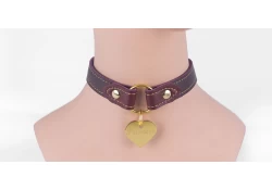 0.75" wide collar. Chocolate raspberry leather, crimson lambskin inner lining, large gold heart tag attached.