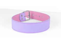 1.75" wide collar. Morning lavender leather, rose lambskin inner lining, buckle hole reinforcemets.