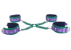 Two sets of double strap cuffs connected with a hogtie leather link. Purple iris leather top, italian green leather bottom, black suede inner lining, d rings, waves