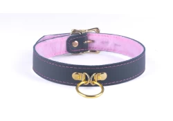 Single strap collar 1" wide, black leather with pastel fur inner lining, brass bull ring (and small gold bell attached).
