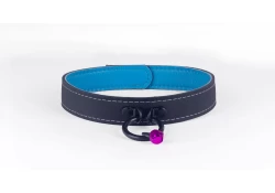 1" wide collar with black leather and baby blue lambskin inner lining, black bull ring and small purple bell. Black snaps closure (on the back).