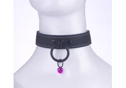 1" wide collar with black leather, black bull ring and small purple bell